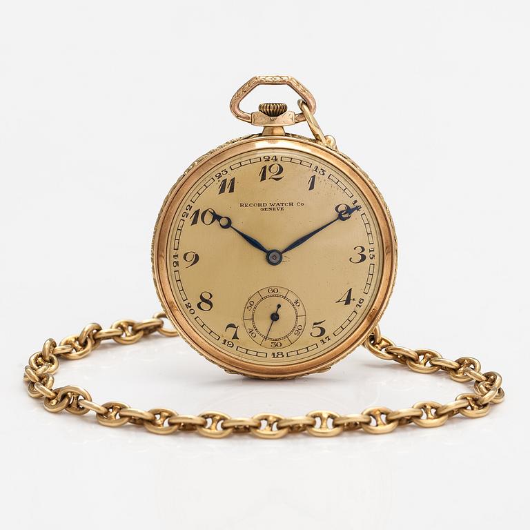 Record watch co, pocket watch and chain, 48 mm.