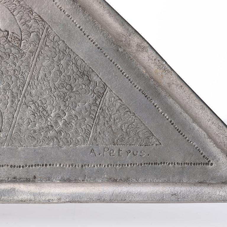 Anna Petrus, a Swedish Grace triangular engraved pewter plated copper tray, executed in her own workshop, Sweden ca 1924.