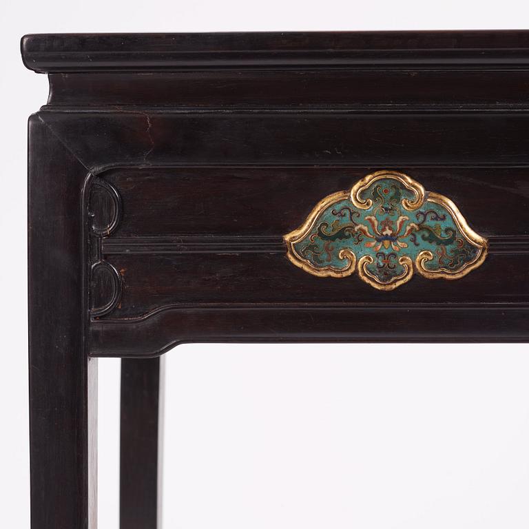 A Chinese zitan altar table with cloisonné placques, Qing dynasty, Qianlong period (1736-1795).