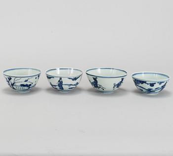 A group of four blue and white bowls, Ming dynasty (1368-1644).