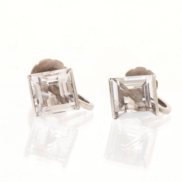 A pair of silver earrings set with step-cut rock quartz crystal by Wiwen Nilsson, Lund 1943.