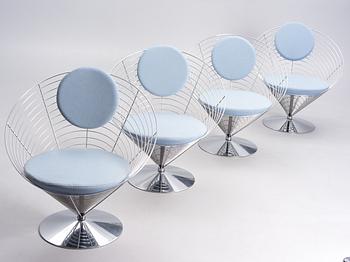 VERNER PANTON, FOUR WIRE CONE CHAIRS. Labelled Fritz Hansen, Danmark 1990. Designed in 1958.