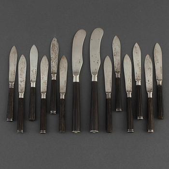 A pair of butter knifes and twelve fruit knifes. Sweden 19th century.