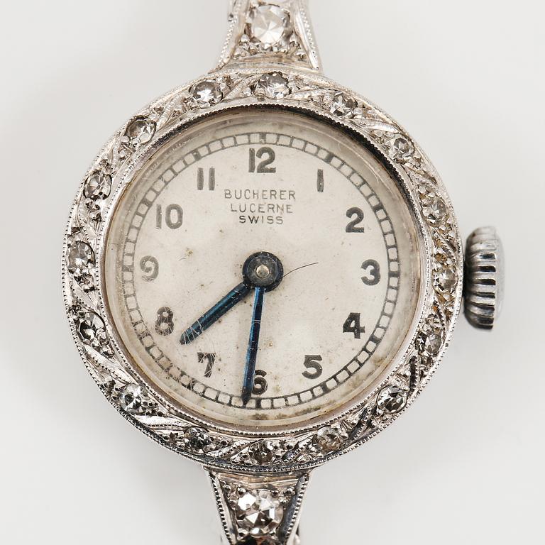 ARMBANDSUR, platina, Bucherer, Lucerne, Swiss, med ARMBAND, 18K vitguld, 1949. Totalvikt med urverk ca 15 gram.