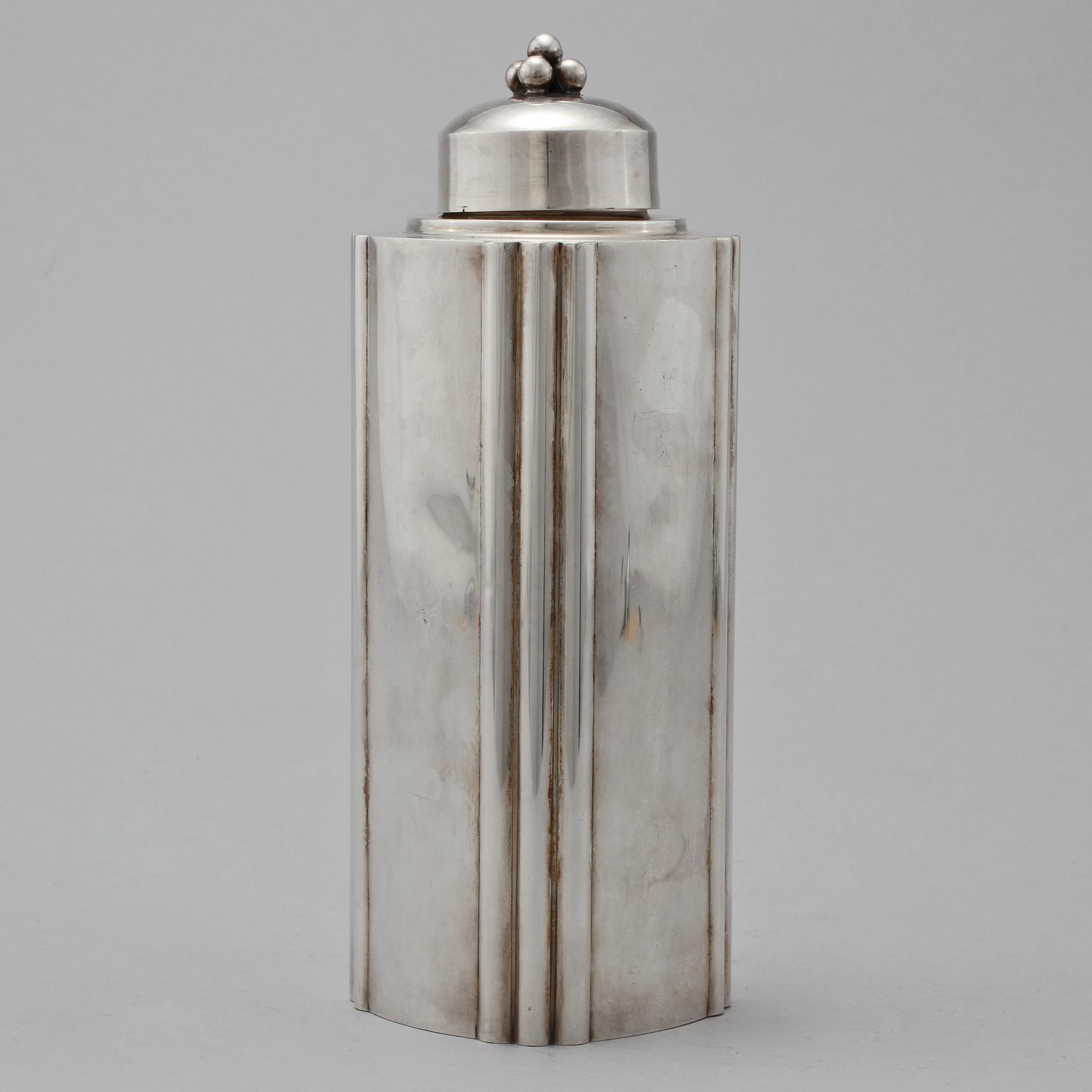 SHAKER samt GLAS, 6 st, nysilver, Tesi, 1900-talets andra kvartal.