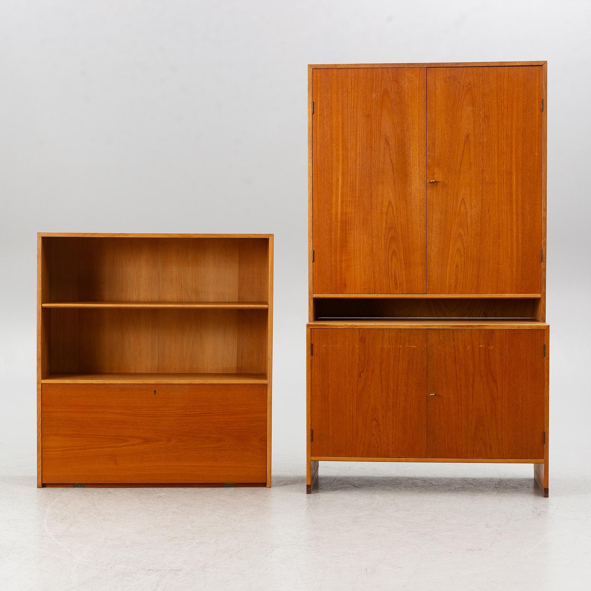 Hans J. Wegner, 2 cabinets and a shelf with a writing flap, Ry furniture, dated 1957.
