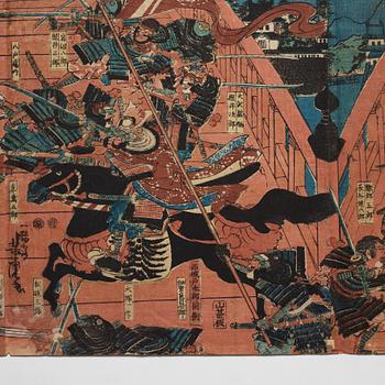 UTAGAWA YOSHITORA, two coloured woodblock prints, triptych, Japan, late 19th century.