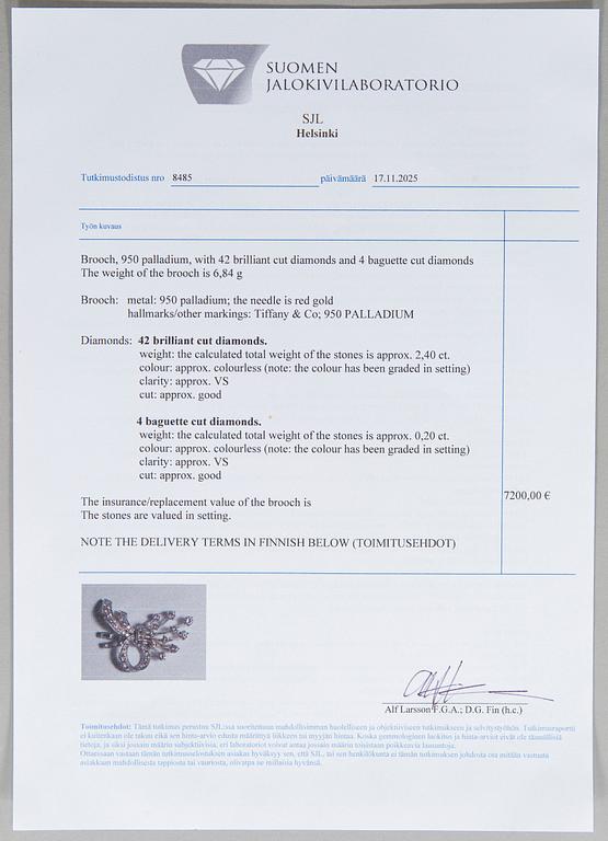 Tiffany & Co, brosch, palladium med briljant- och baguetteslipade diamanter.