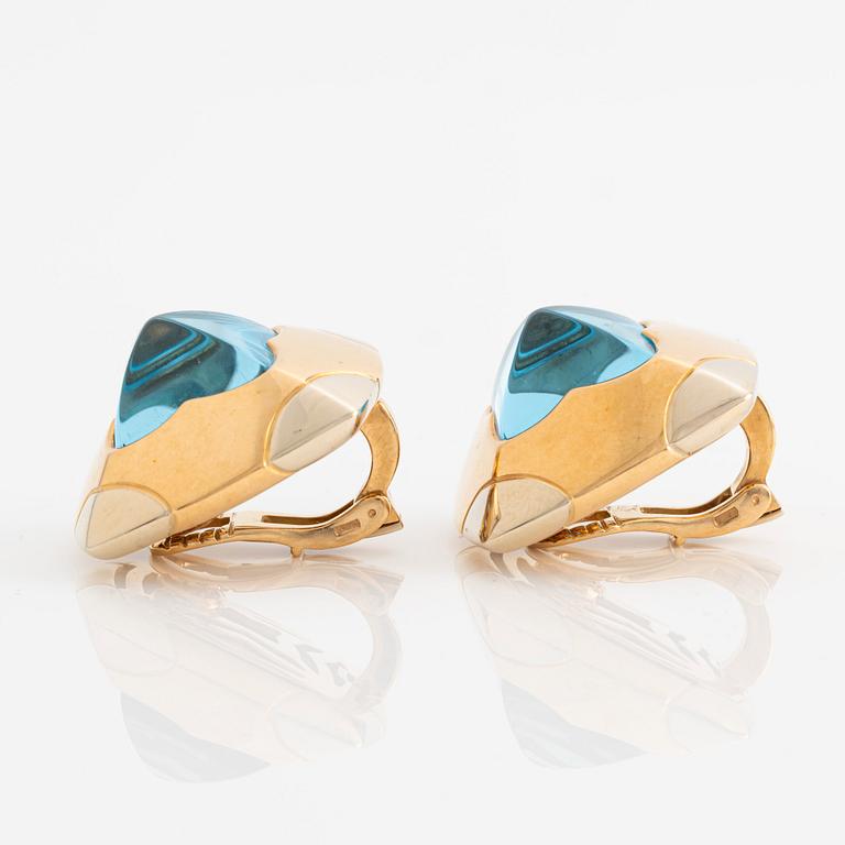 A pair of 18K gold Bulgari "Pyramid" earrings with sugarloaf shaped topaz.