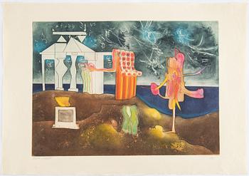 Roberto Matta, portfölj med 9  färgakvatinter (av ursprungligen 10), 1975, samtliga signerade och numr XXIIIV/XXXII.