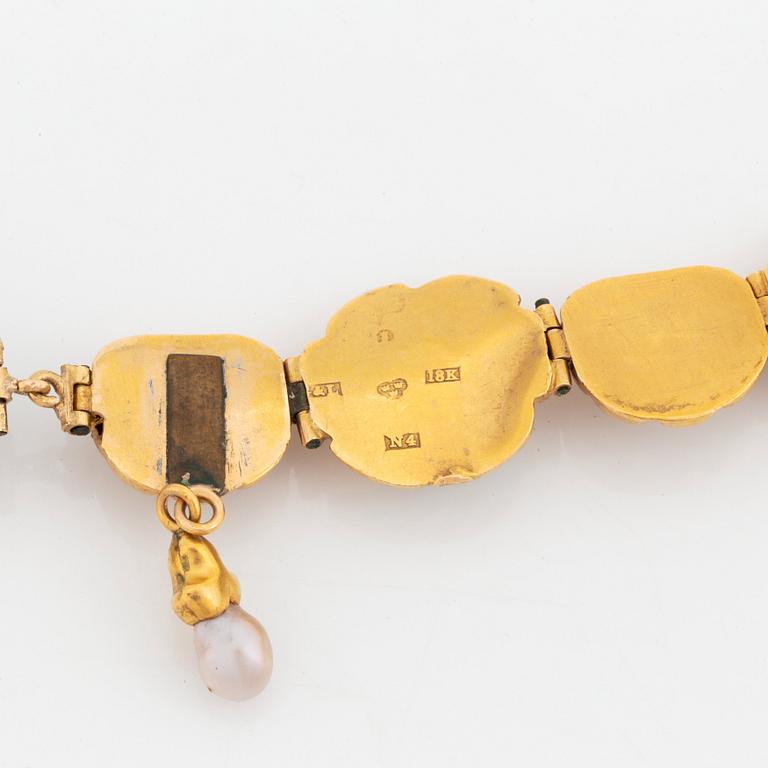 An 18K gold and enamel necklace set with pearls and half pearls.