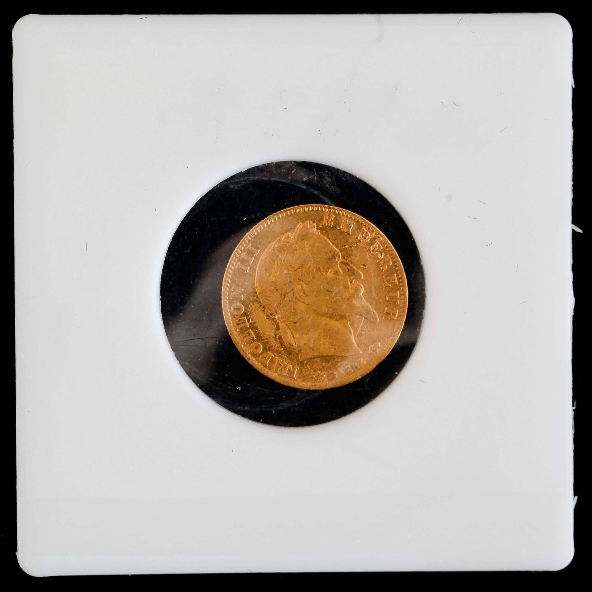 GULDMYNT, fem francs, Napoleon III, 1867. Vikt ca 1 gram.