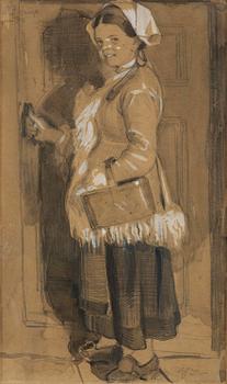 695. Anders Zorn, "Orsakulla vid dörr med korg på armen".
