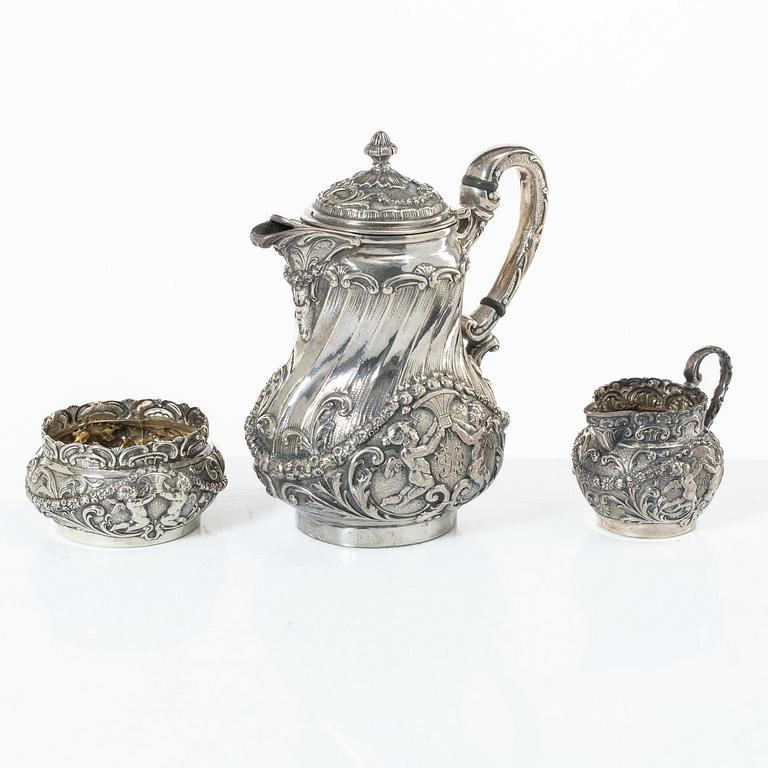 Coffee service, four pieces, silver, Rococo style, 20th century.