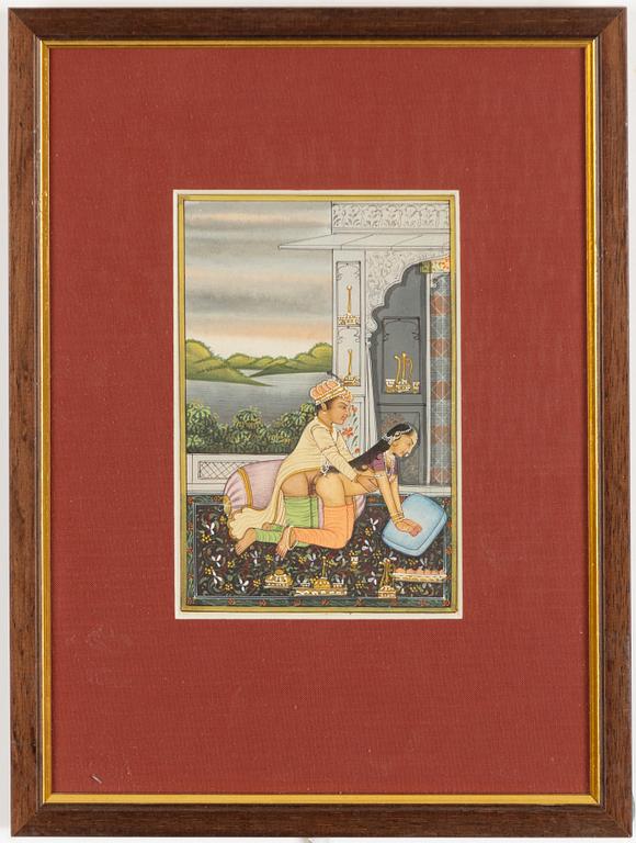 Unidentified artist, Erotic scenes in palace setting, India, 20th century. Three pieces.