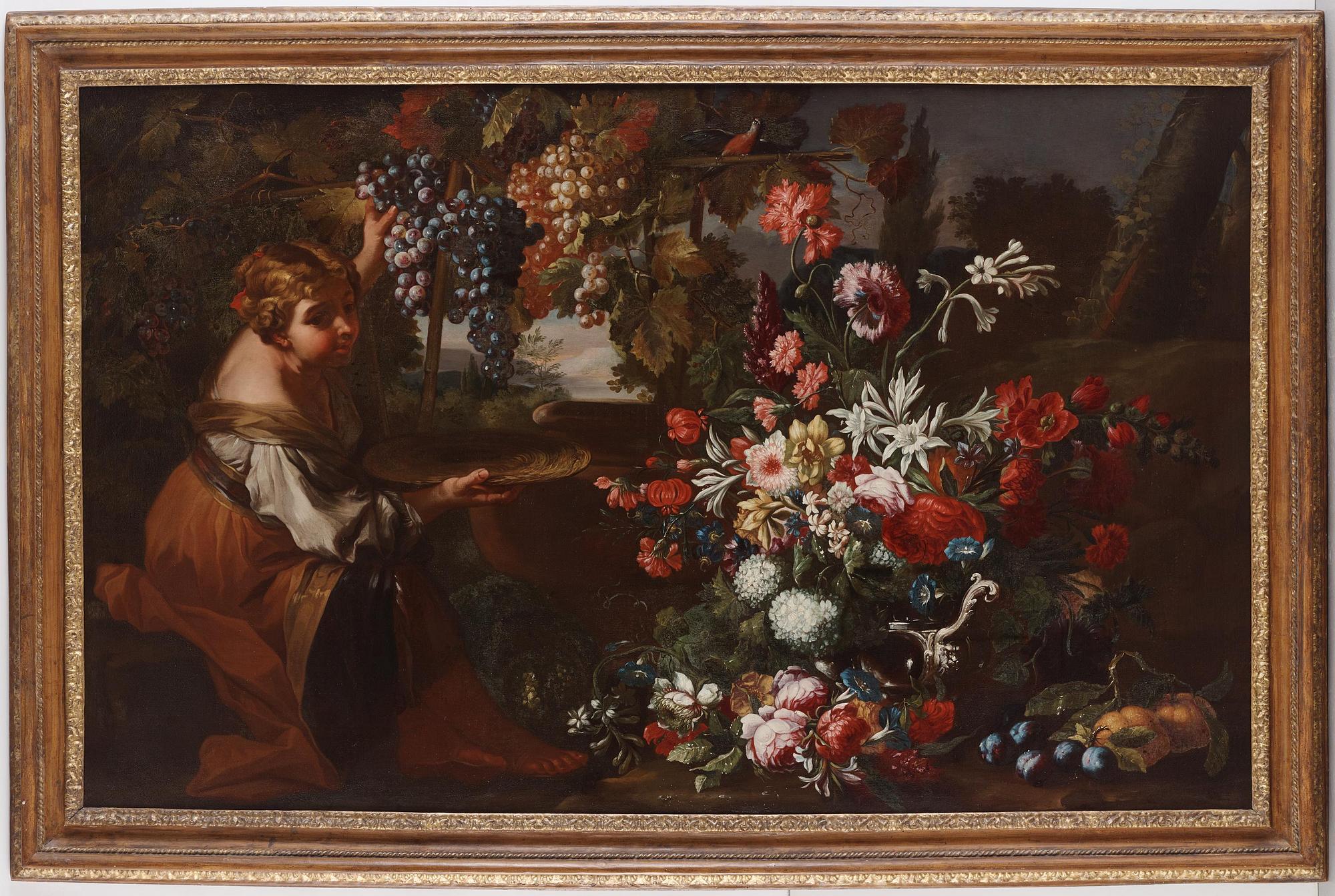 Franz Werner von Tamm & Carlo Maratti, attributed to, Still life with flowers, grapes, and a woman in a landscape.