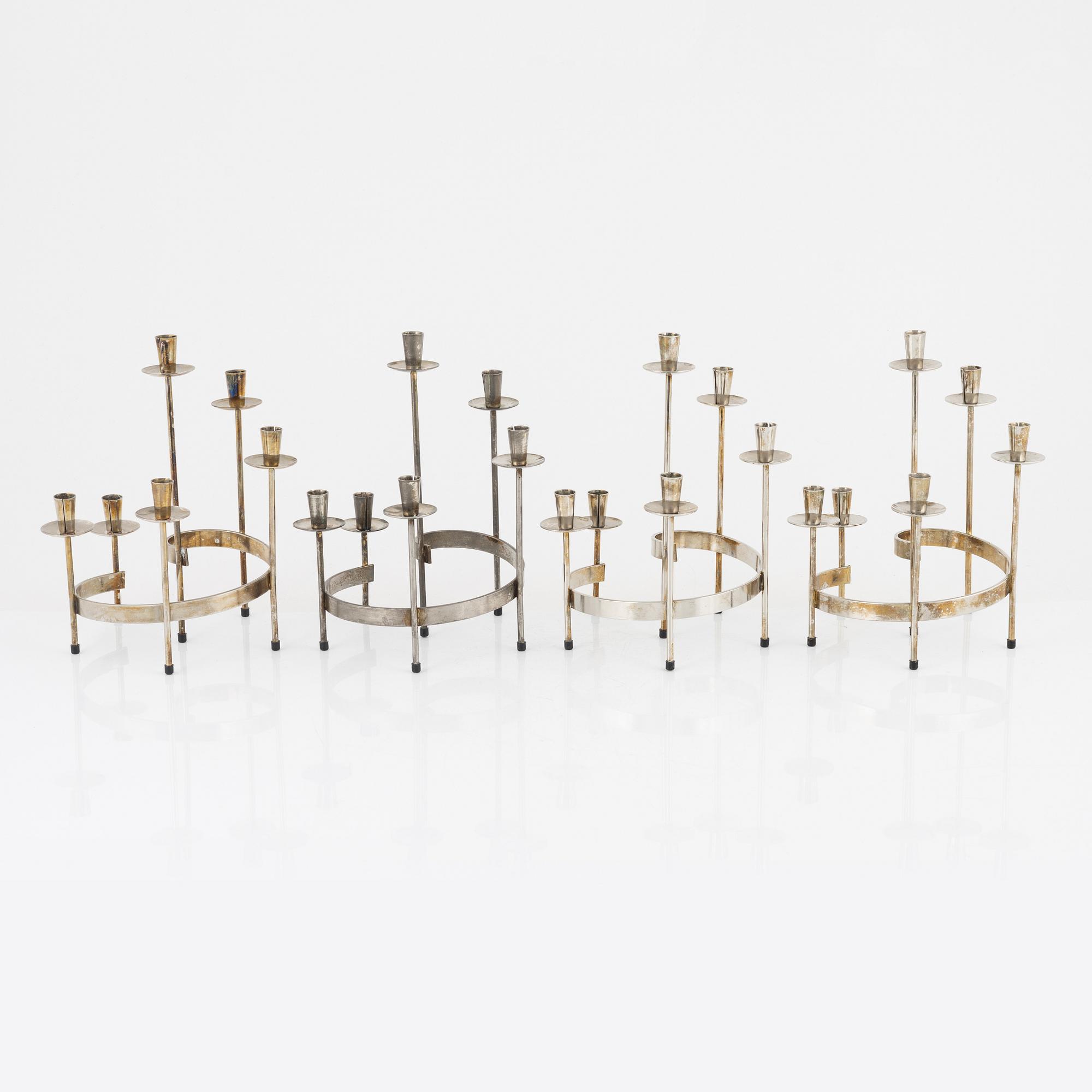 Harry Boström, kandelabrar, 4 st, vitmetall, 'Spiral', Bo Svensk.