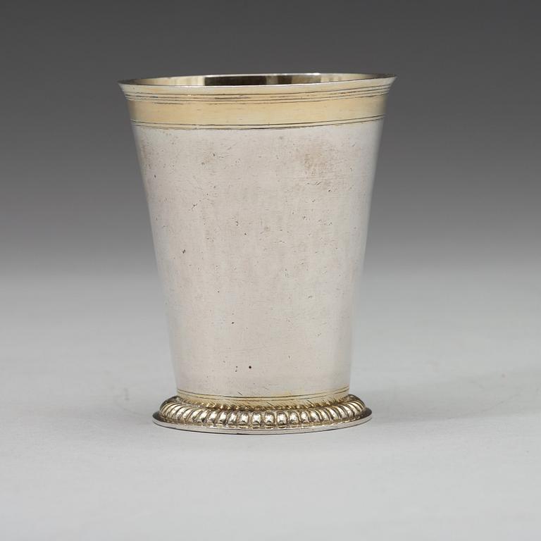 A Baltic 18th century parcel-gilt beaker, mark of Johann Heinrich Tenten, Mitau (1732-1739).