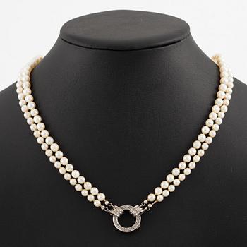 Pearl necklace, double-stranded, cultured pearls, clasp in white gold set with rose-cut diamonds.