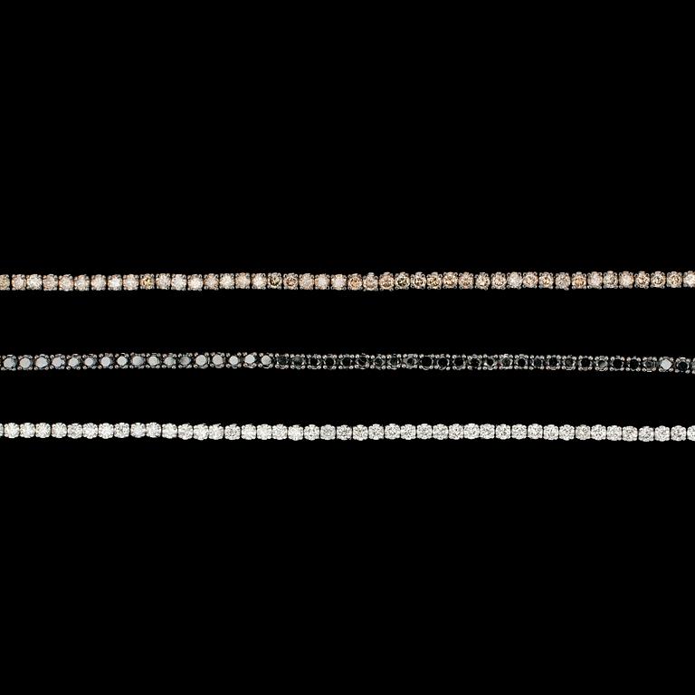 3 bracelets set with white- black- and cognacscoloured brilliant cut diamonds, tot. app. 9 cts.