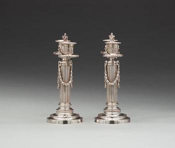 A pair of Fabergé, silver candelabra, workmaster Julius Rappoport, S.t Petersburg before 1899.