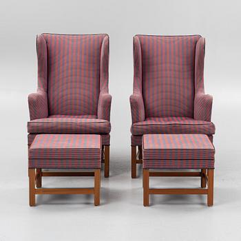 Kaare Klint, a pair of model 6212 armchairs with ottomans, Rud Rasmussen, Denmark.