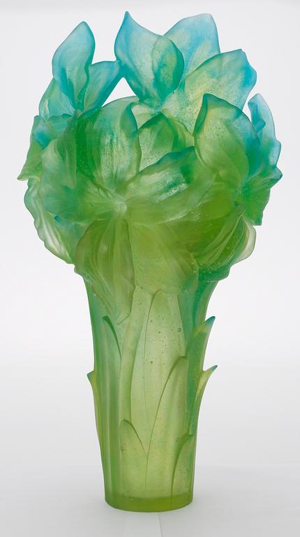 An 'Amaryllis' pate-de-cristal green and turqiose vase by Daum, contemporary make, signed and numbered. Certificate and perfume enclosed.