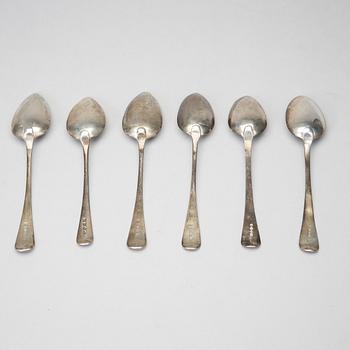 Six silver spoons, including Alice & George Burrows II, och Thomas Dicks, London, 1804-1823.