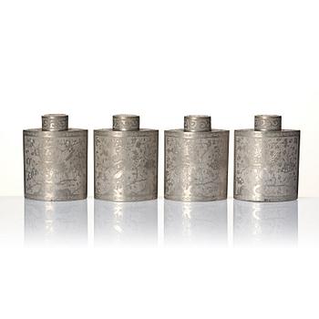 A Chinese lacquer box with a set of five pewter tea caddies, Qing dynasty, 18/19th Century.