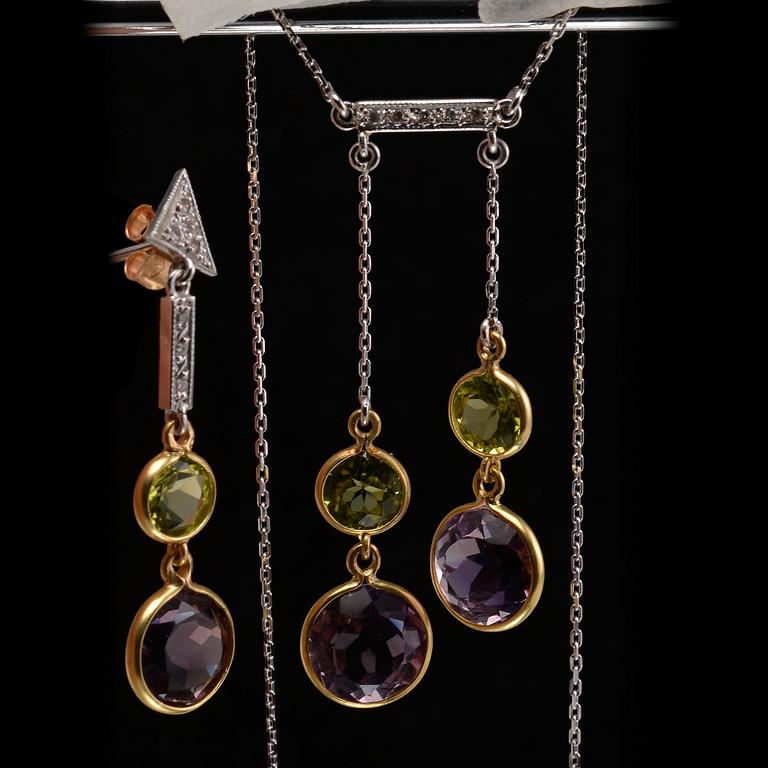 A PAIR OF EARRINGS AND A NECKLACE, amethysts, peridotes and brilliant cut diamonds c. 0.17 ct. Weight 9,5 g.