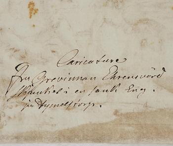 Johan Tobias Sergel, "Caricature Fru Grevinnan Ehrensvärd Insjunker i en sank Eng på Dymelstorp".