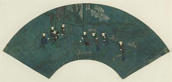 A Chinese fan shaped painting, ink and colour on paper, early 20th century.