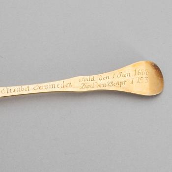 A Swedish 18th Century parcel-gilt large silver spoon, mark of Joachim Dyring, Hedemora 1751-1773 (1796)).