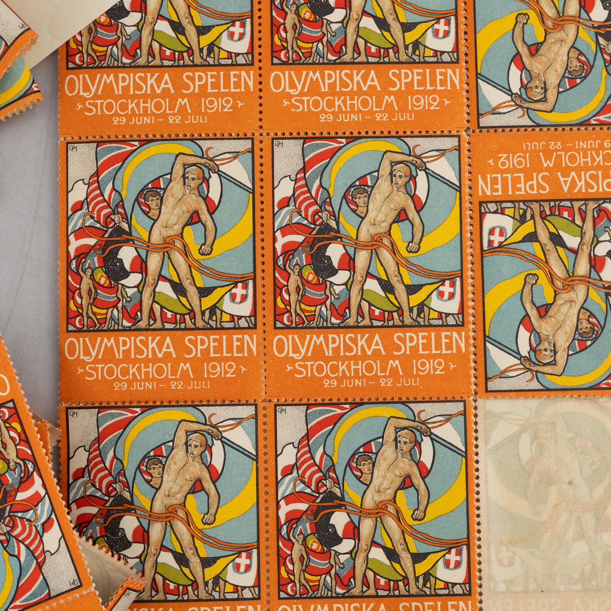 Olle Hjortzberg, efter, samling frimärken/brevmärken, ca 180 st, Olympiska Spelen Stockholm 1912.