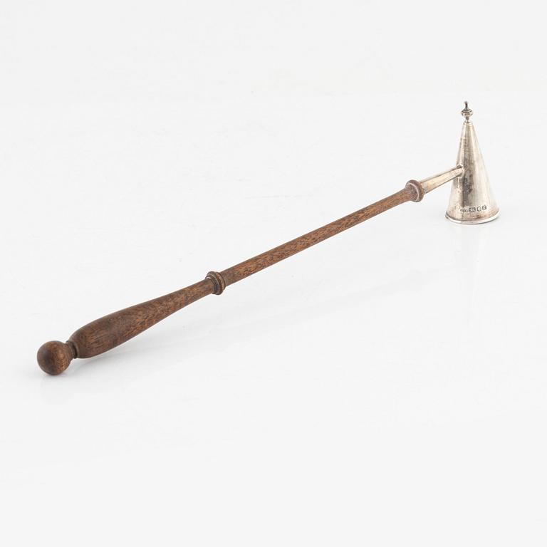 An English silver and wood candle snuffer, mark of David R. Mills, London 1951.