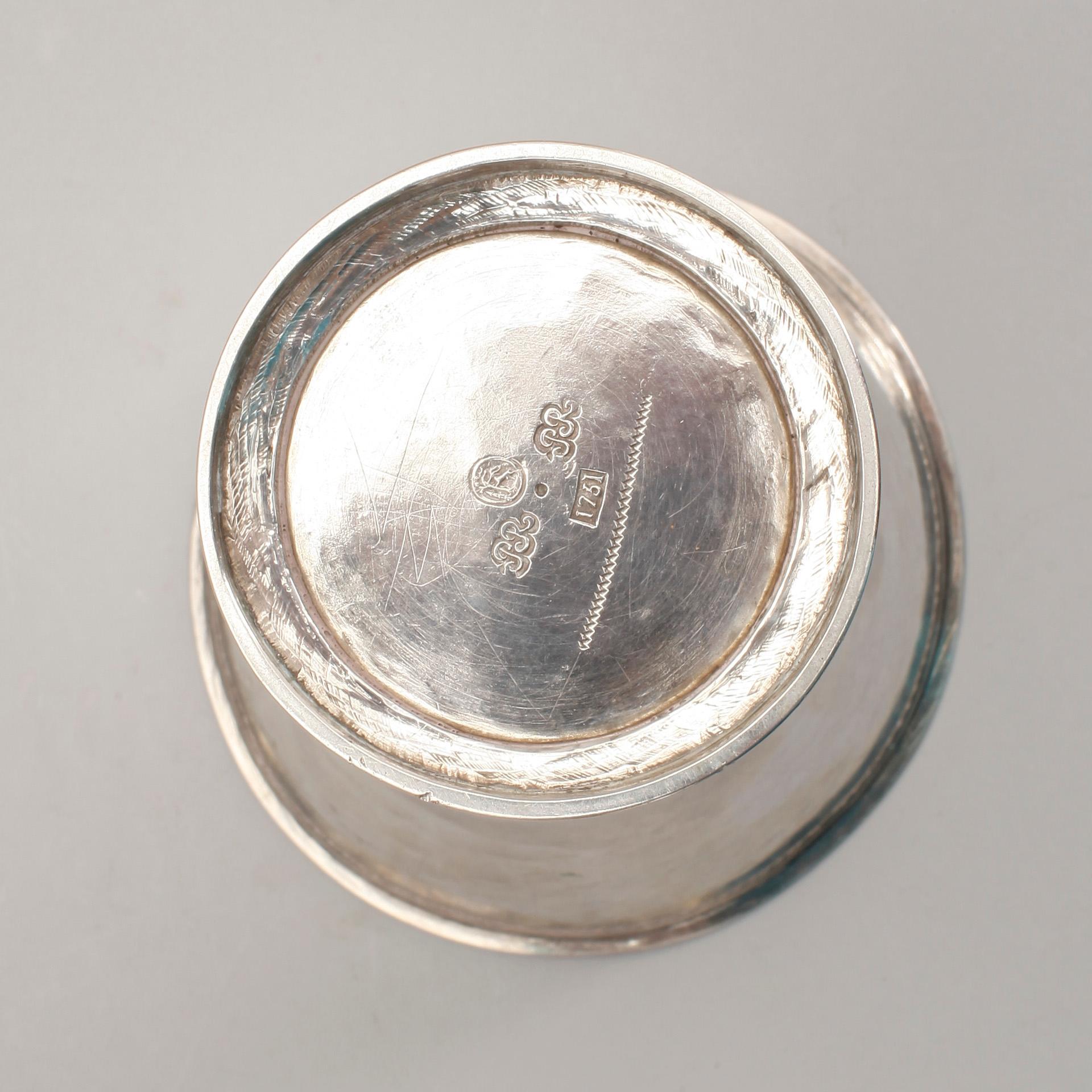 BÄGARE, silver, Petter Röding, Varberg 1751. Vikt ca 260 gram.