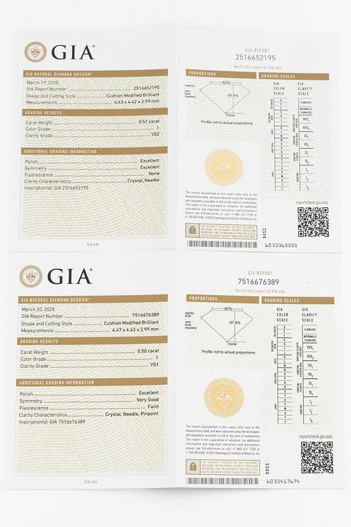 Earrings, 18K white gold with cushion-cut diamonds, total 1.01 ct. Accompanied by GIA dossier.