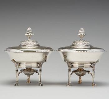 A pair of Swedish Empire silver tureens on stand, mark of Adolf Zethelius, Stockholm 1830.