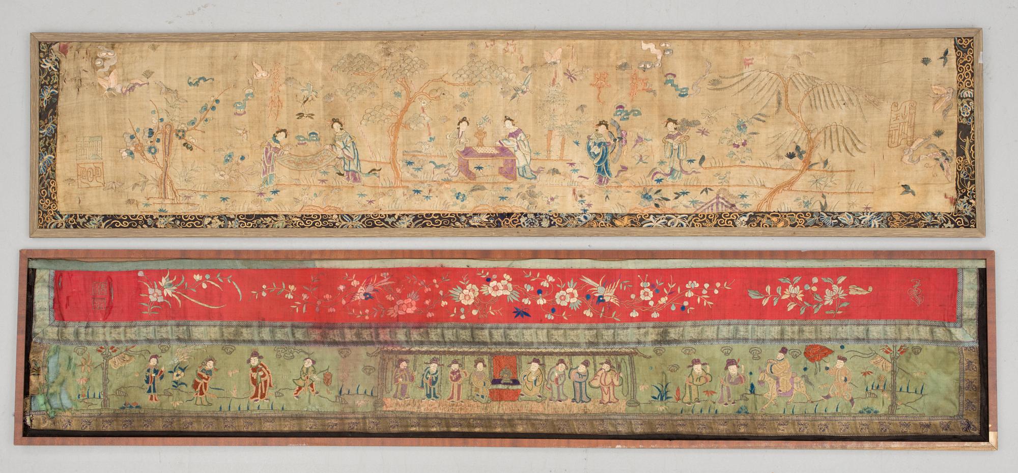 TEXTILFRAGMENT, 2 st, Kina, sen Qingdynasti.