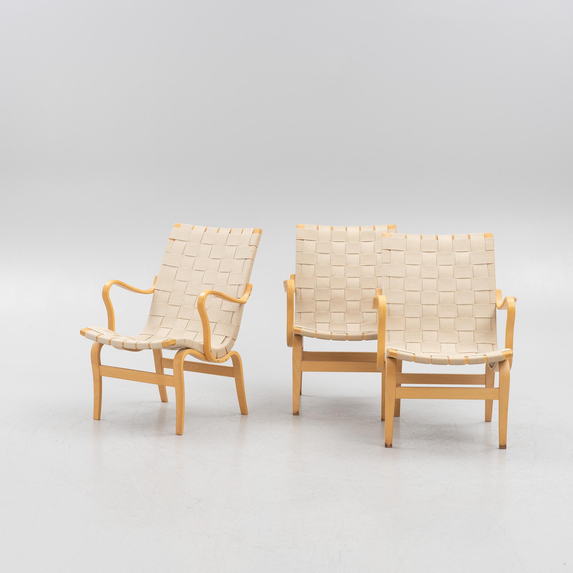 Bruno Mathsson, armchairs, 3 pcs, "Eva", Dux, late 20th century.
