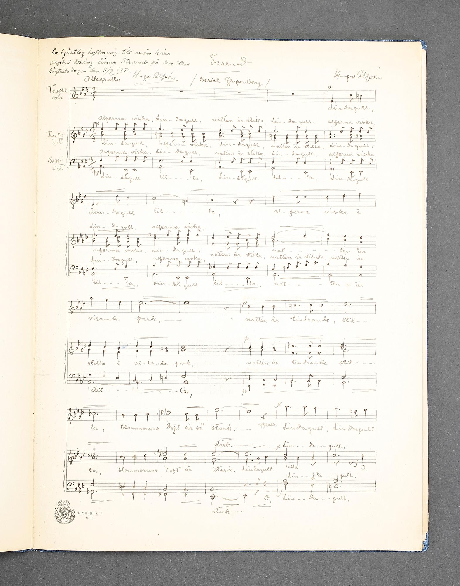 HUGO ALFVÉN (1872-1960), partitur, "Lindagull", signerat och daterat 1919 resp 1951.