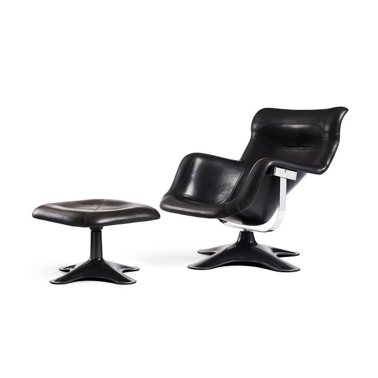 Yrjö Kukkapuro, a "Karusellii" fibre glass and black leather lounge chair and ottoman, Haimi, Finland, 1960-70's.