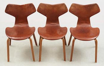 Three Arne Jacobsen teak and brown leather 'Grand Prix' chairs, Fritz Hansen, Denmark 1950's-60's.