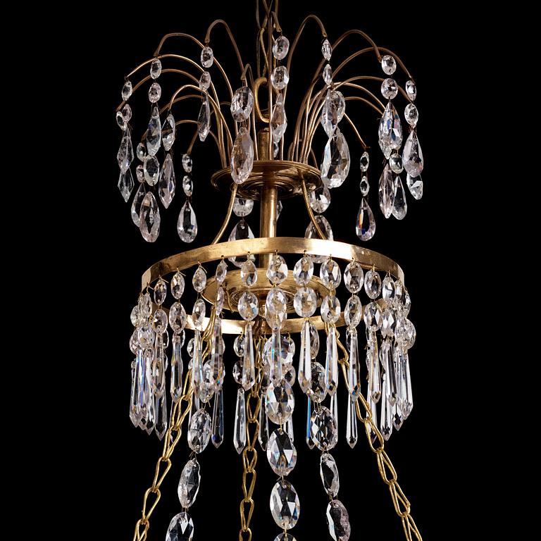 A late Gustavian gilt brass and cut glass seven-light chandelier, late 18th century.
