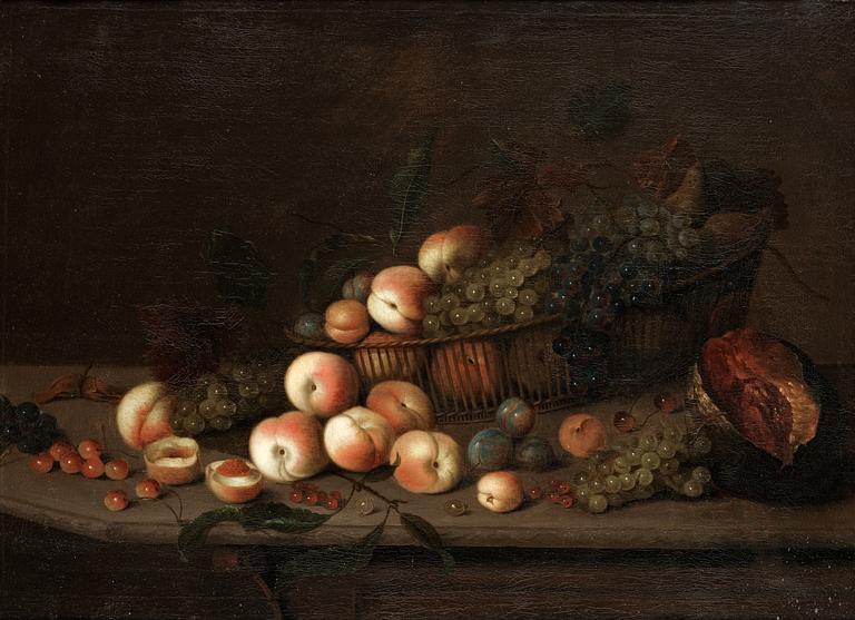 Michiels Simons (Simonis) Tillskriven, Stilleben med persikor, plommon, druvor och melon.