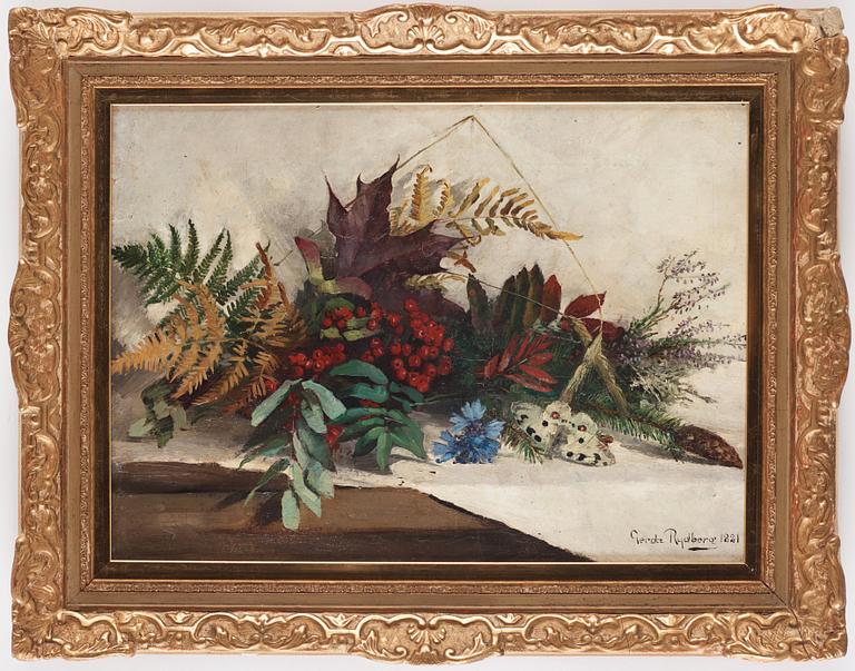 Gerda Tirén, Still life with berries and butterfly.