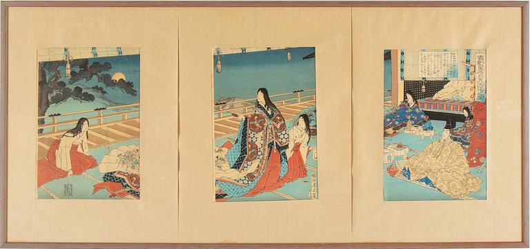YOSHU CHIKANOBU (1838-1912), Japan, color woodblock triptych, late 19th century.