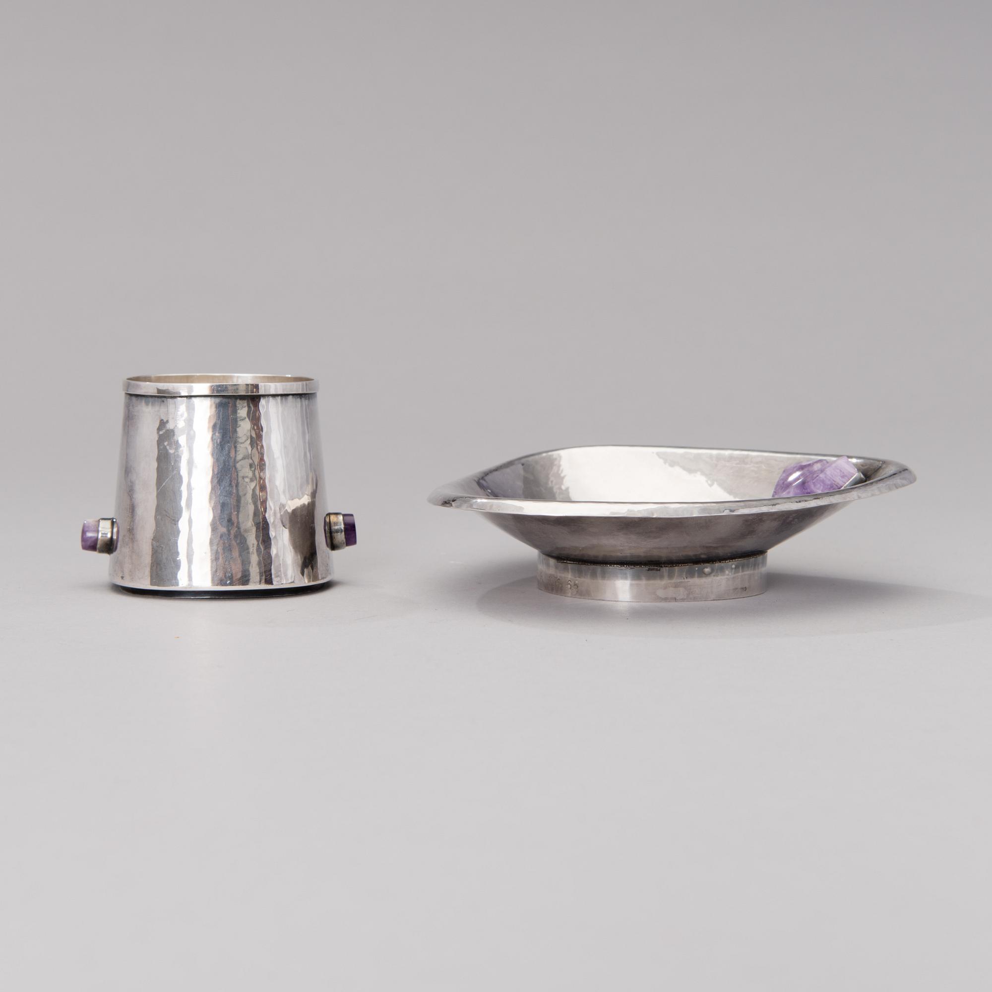 a silver bowl and a beaker with amethyst decor, mark of Reijo Sirkeoja, Hopeataidetakomo, Tampere Finland 1964-65.