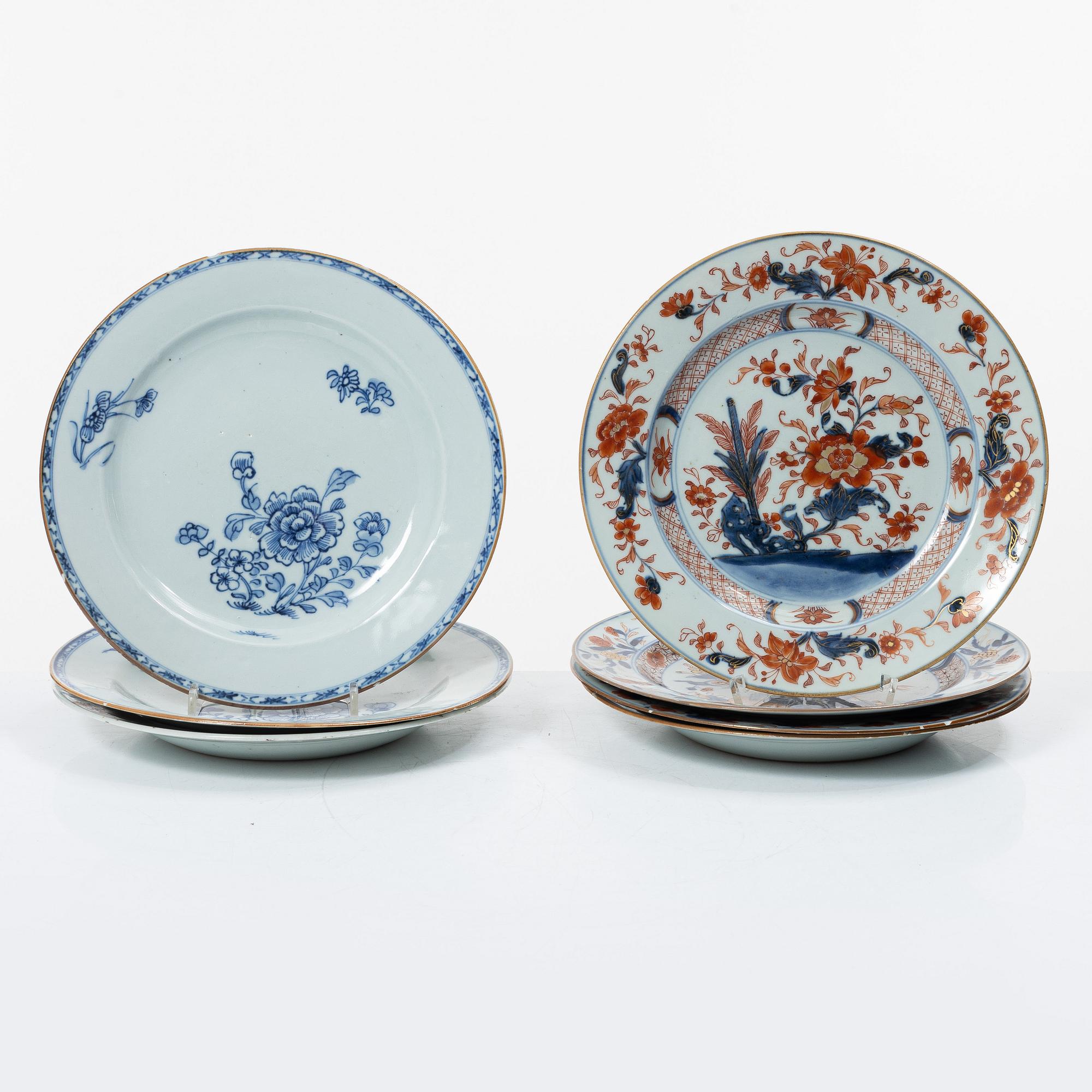 Seven export porcelain plates, China, Qing dynasty, 18th century.