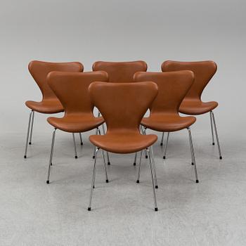 ARNE JACOBSEN, six leather 'Series 7' chairs, Fritz Hansen, Denmark.